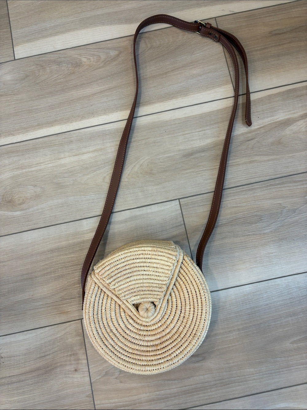 Woven Round Crossbody Bag with Brown Strap - Natural